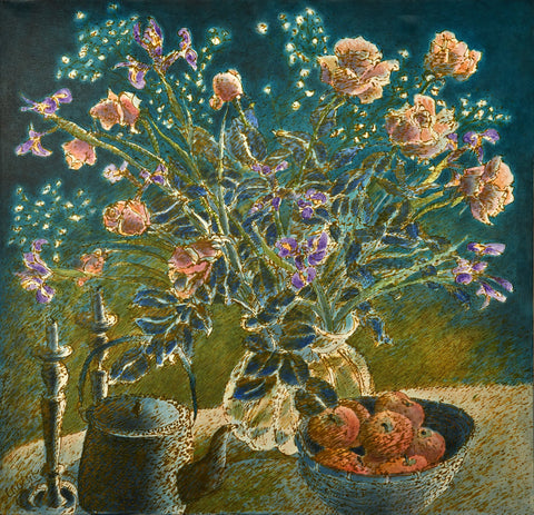 Roses with Baby-Breath and Teakettle