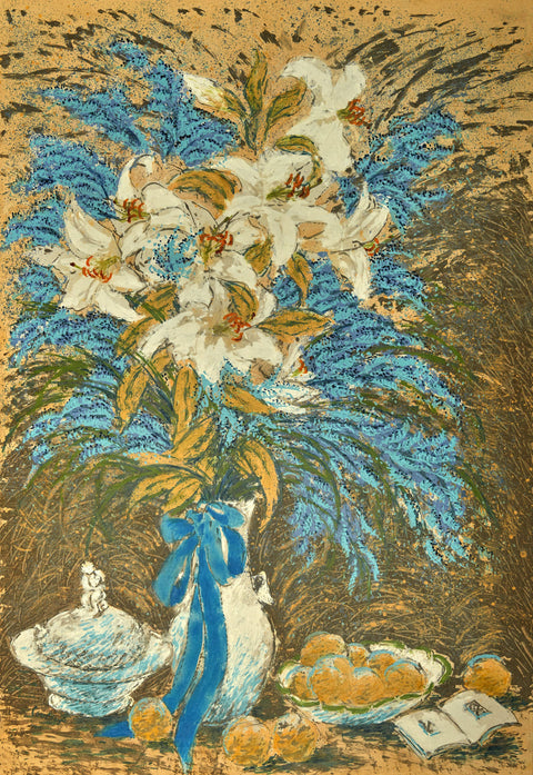 White Lilies and Blue Flowers with Bow