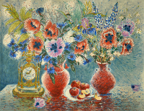 Red Vases with Clock and Flowers
