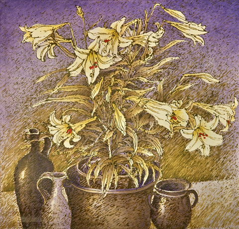 Plant with White Lilies in Copper Kettle