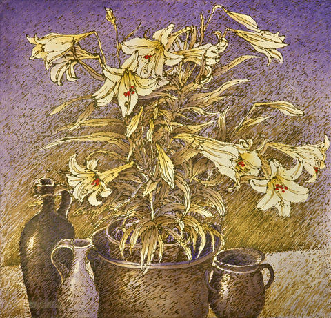  Plant with White Lilies in Copper Kettle